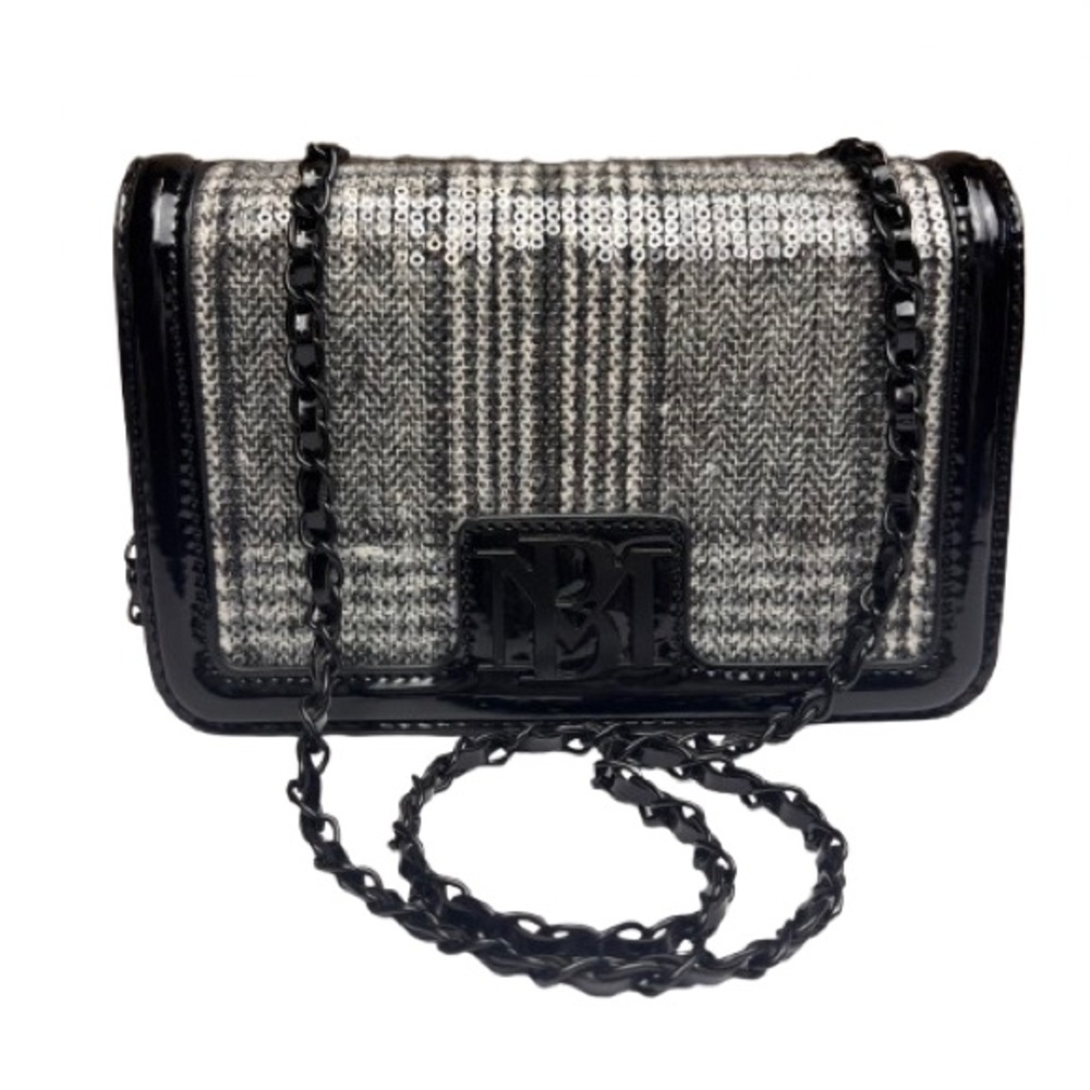 Badgley Mischka Black Plaid Sequin Wool Patent Leather Crossbody Evening Bag